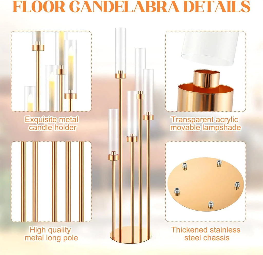 5-Arm Floor Candelabra 42.5 in (108 cm) Gold Metal Candle Holder Centerpiece with Removable Acrylic Shades