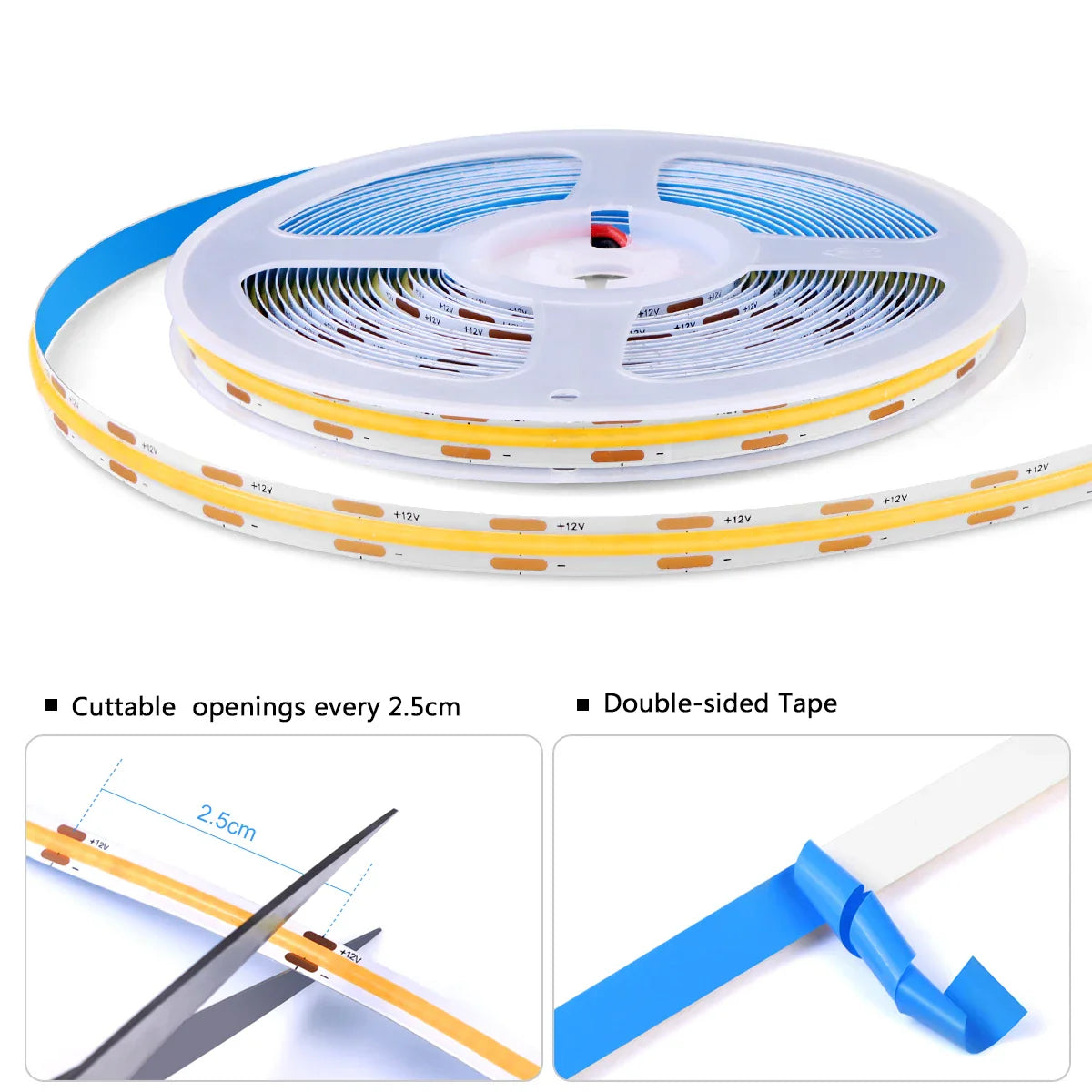 COB LED Strip Light with Penetrable Touch Dimmer – Waterproof 12V Cabinet & Closet Lighting, 1m/2m/3m/5m (39/79/118/197 in), 320 LEDs/m, Warm/Neutral/Cool
