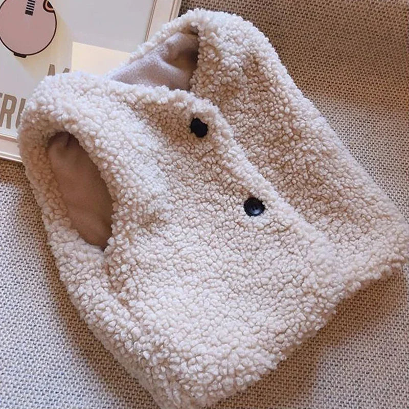 Kids Faux Lamb Wool Vest – Plush V-Neck Sleeveless Coat for Boys & Girls, Warm Autumn Winter Waistcoat