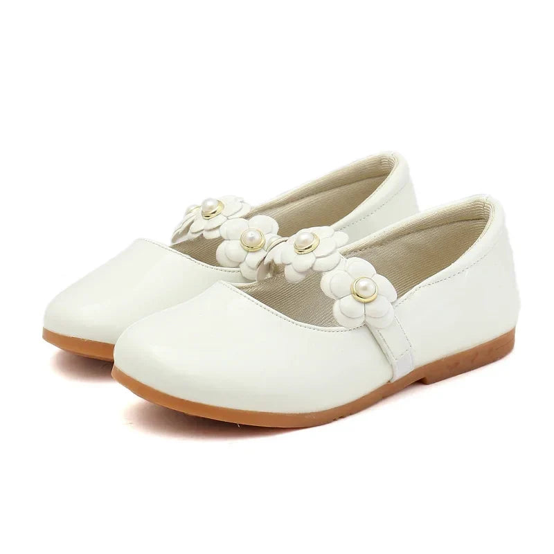 Girls Floral PU Leather Dress Flats with Flower Applique – Princess Party Shoes (EU Sizes 26–36)