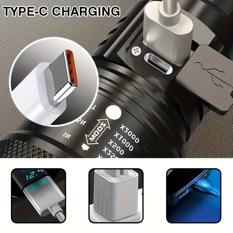 1600 Lumen LED Rechargeable Flashlight with Battery Indicator – USB Type-C Telescopic Zoom Torch, Waterproof for Camping, Fishing & Hiking