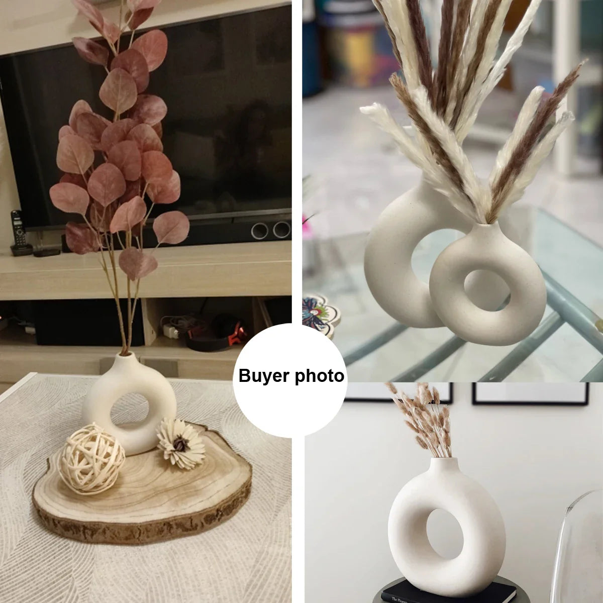 Nordic Ceramic Hollow Donut Vase - Modern Round Flower Pot for Home, Living Room & Office Decor