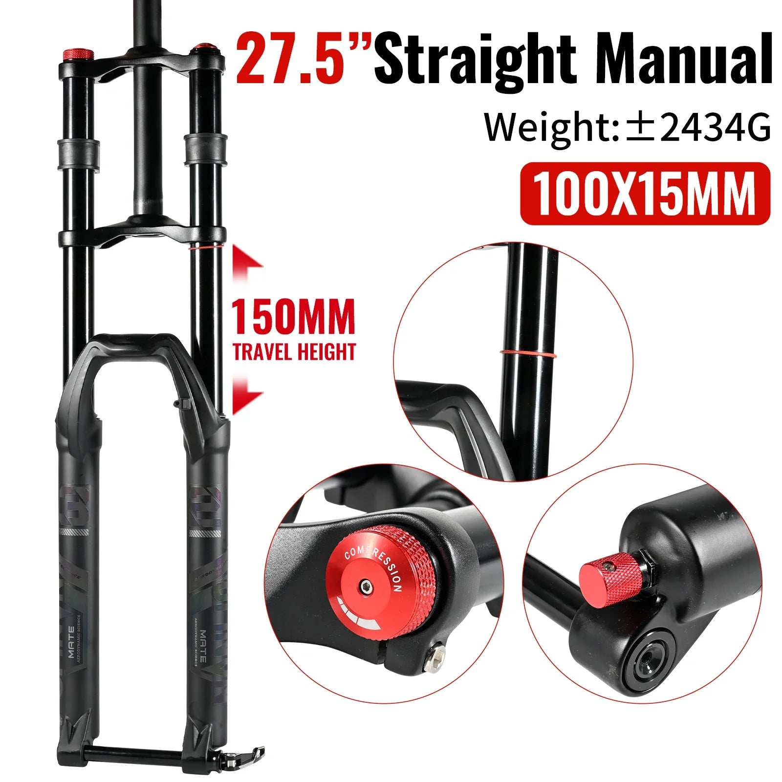 Double Crown Air Suspension Fork 150mm (5.9in) Travel for 27.5/29-inch MTB & E-Bike — Double-Shoulder, Air and Oil Damping