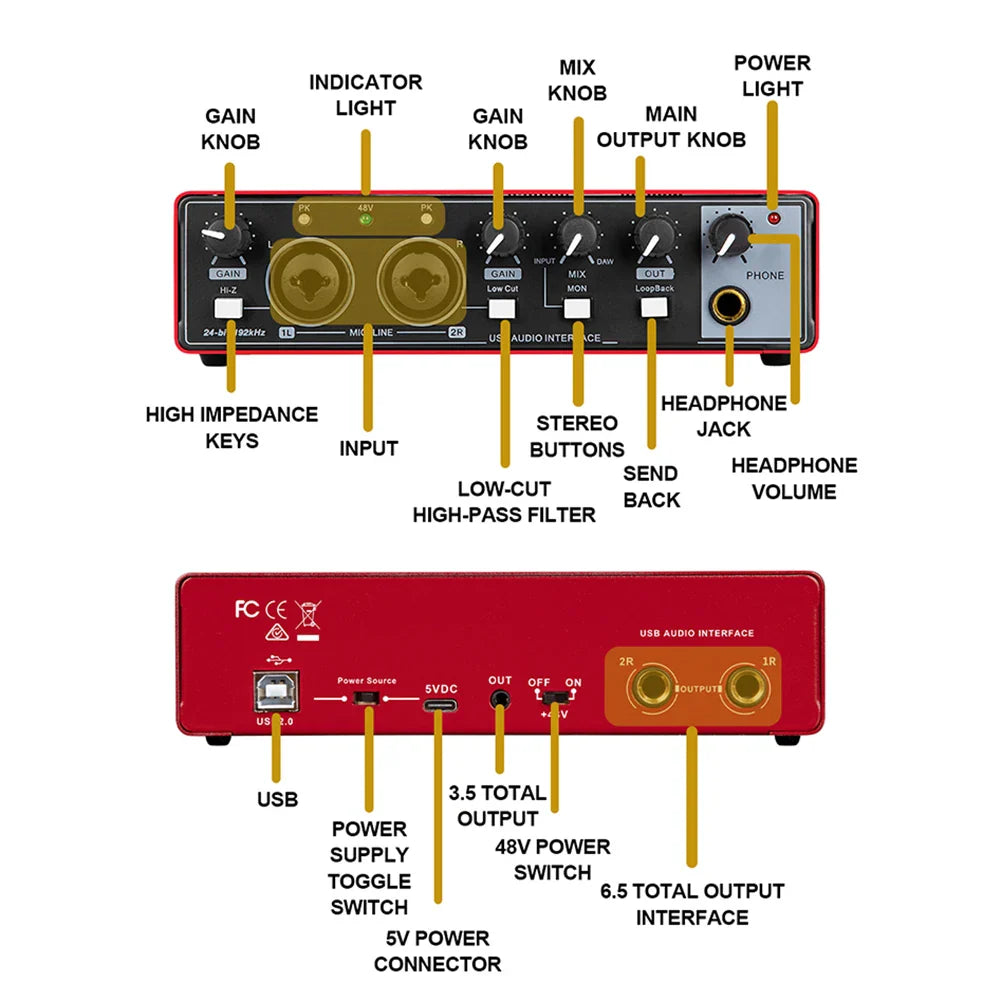 USB Audio Interface 48V Phantom Power 24-bit/192kHz — 2-in/2-out Portable Sound Card with Loopback & Zero-Latency Monitoring for Guitar and Vocal Recording