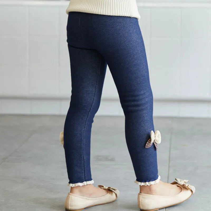 Girls Winter Thick Velvet Bow Leggings, Warm Fleece-Lined Jeans-Style Trousers for Kids
