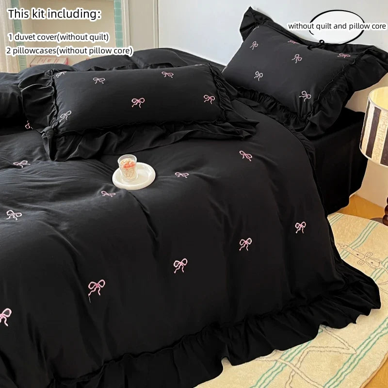 Floral Embroidered Duvet Cover Set 3-Piece (1 Duvet Cover + 2 Pillowcases) - Twill Polyester - Multiple Sizes - White, Pink, Black