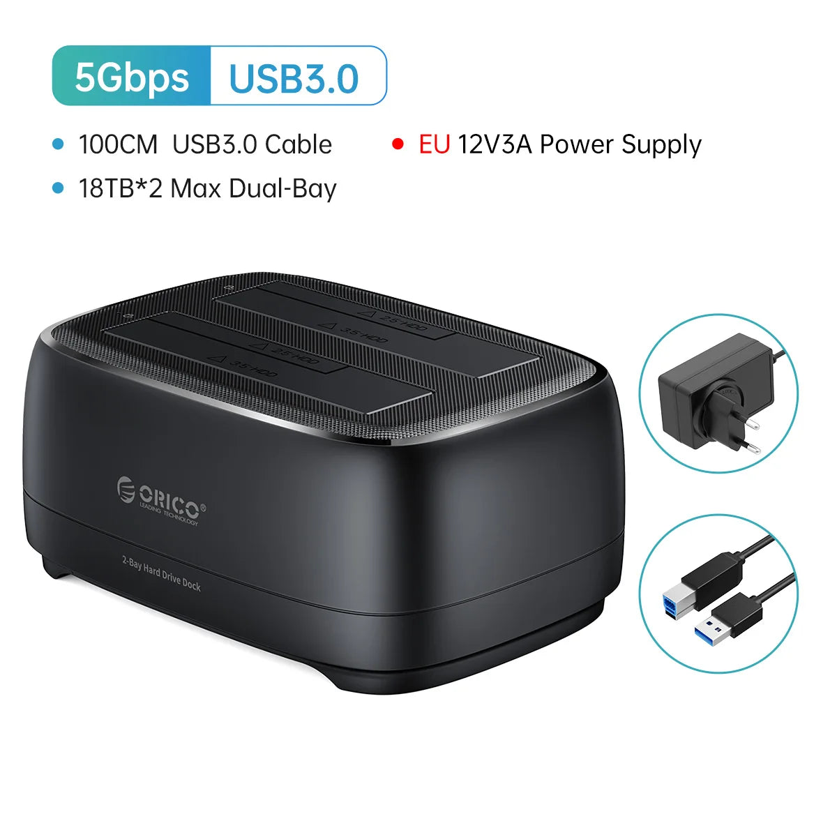 Dual-Bay HDD/SSD Docking Station USB 3.0 Type-C 5Gbps for 2.5"/3.5" Drives with 12V 3A Power Adapter (Supports up to 36TB)