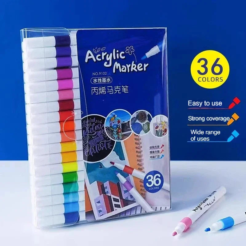 Acrylic Paint Marker Pens – 12/24/36/48/60 Color Sets in PVC Case | Quick-Dry Waterproof Soft Tip for Fabric, Ceramic, Glass, Wood, Stone