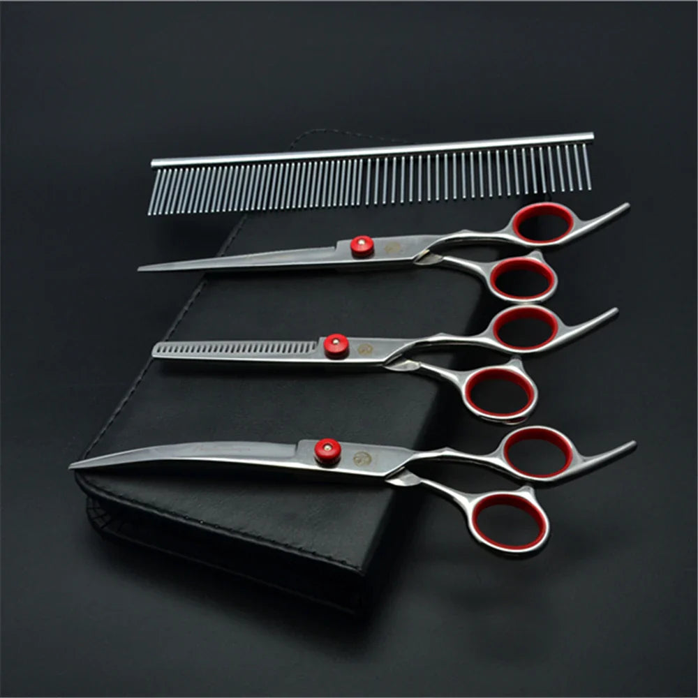 Dog Grooming Scissors Set 6" (15 cm) & 7" (17.5 cm) Stainless Steel Pet Shears — Thinning, Curved & Cutting