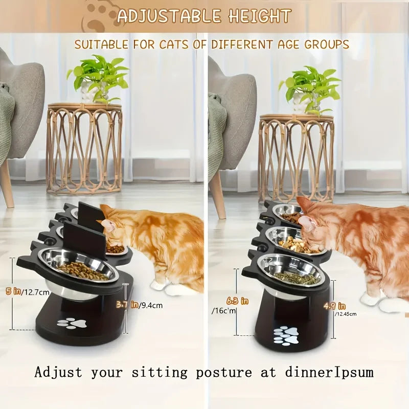 3-Tier Elevated Cat Feeder - Wood & Stainless Steel Adjustable 15-Degree Slanted Bowls, Removable Stands