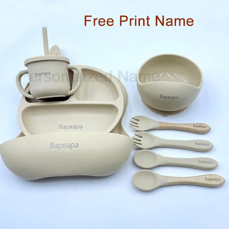 8-Piece Silicone Baby Feeding Set with Suction Plate, Bowl & Straw Cup — Personalized Kids Tableware, BPA-Free