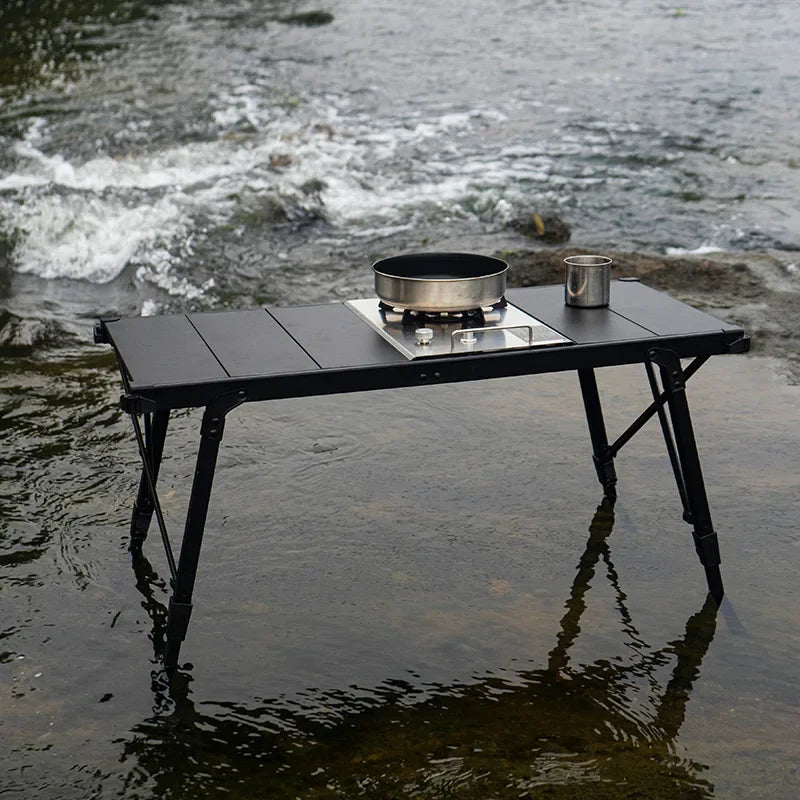 Folding IGT Camping Table – Portable Aluminum Frame with Wood-Grain Top, Adjustable Height 38–55 cm (15–22 in), 95×45 cm Surface (37×18 in) – Compact Foldable Picnic & BBQ Table