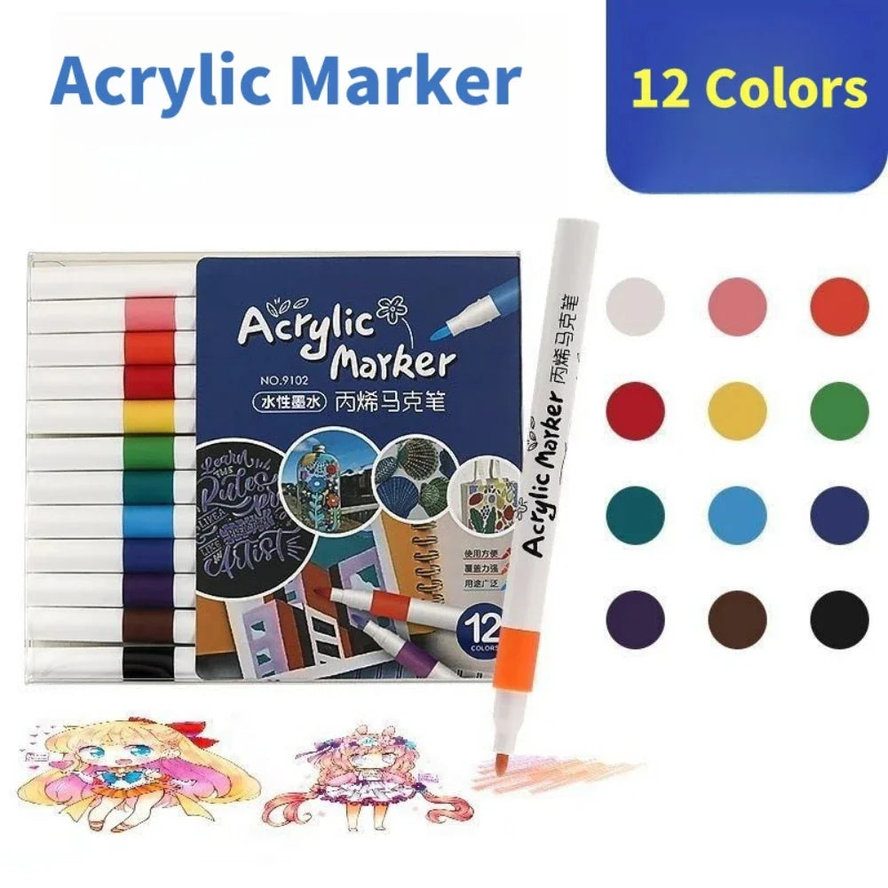 Acrylic Paint Marker Pens – 12/24/36/48/60 Color Sets in PVC Case | Quick-Dry Waterproof Soft Tip for Fabric, Ceramic, Glass, Wood, Stone