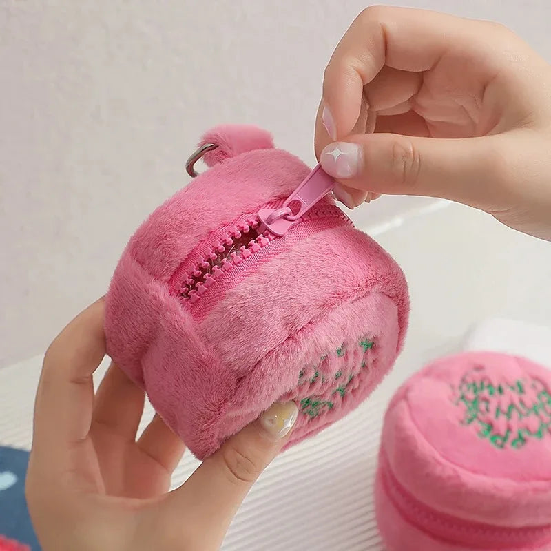 Pink Kawaii Mini Plush Coin Purse – Cute Cake Design Earphone & Cord Storage Pouch with Keychain
