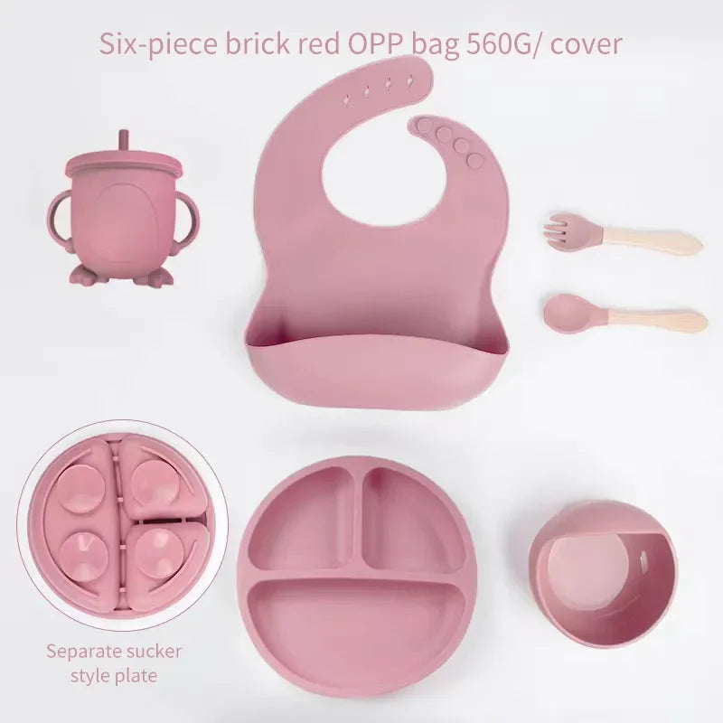 Baby Silicone Dinnerware Set 6/8-Piece with Suction Plate, Bib, Forks, Spoons, Straws & Cup – Feeding Set for Babies & Toddlers