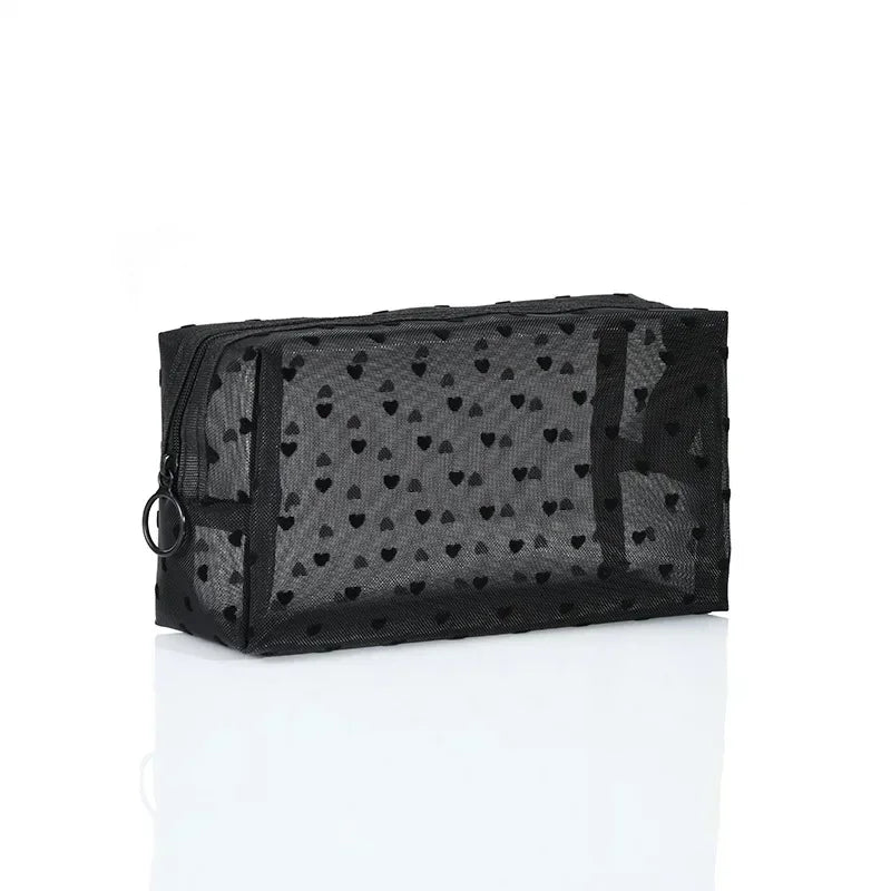 Heart-Shaped Mesh Cosmetic Bag - Zipper Toiletry Makeup Pouch for Women, Coin & Lipstick Organizer