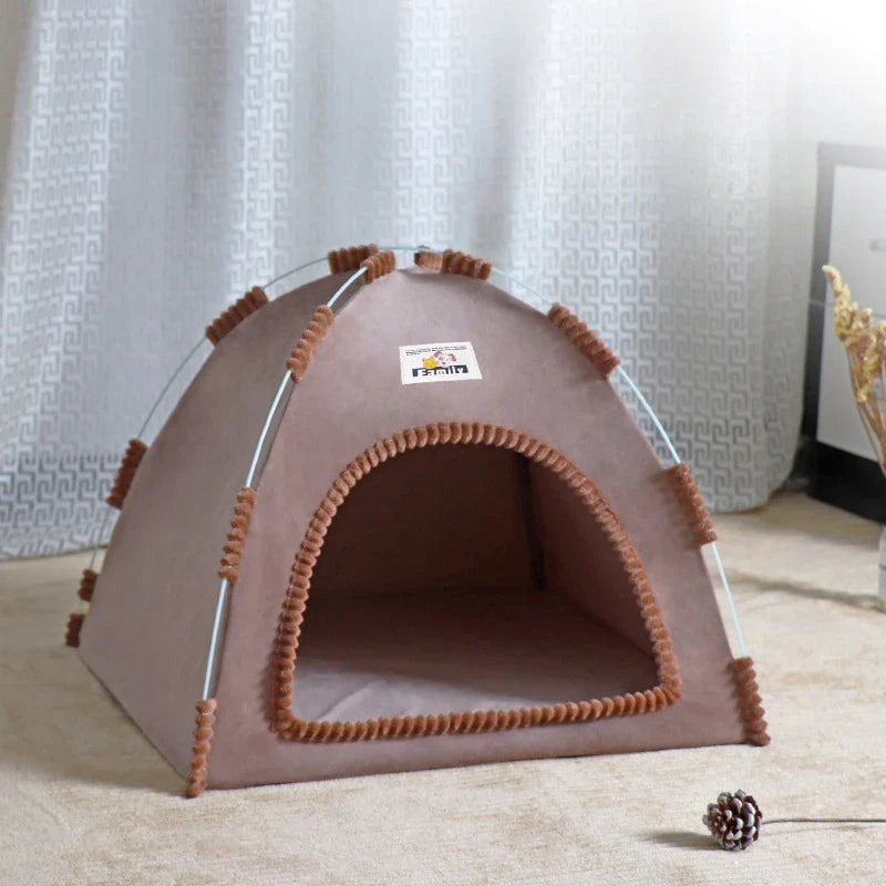 Foldable Cat & Small Dog Tent Bed — Portable Breathable Plush Pet House with Summer Cooling Mat