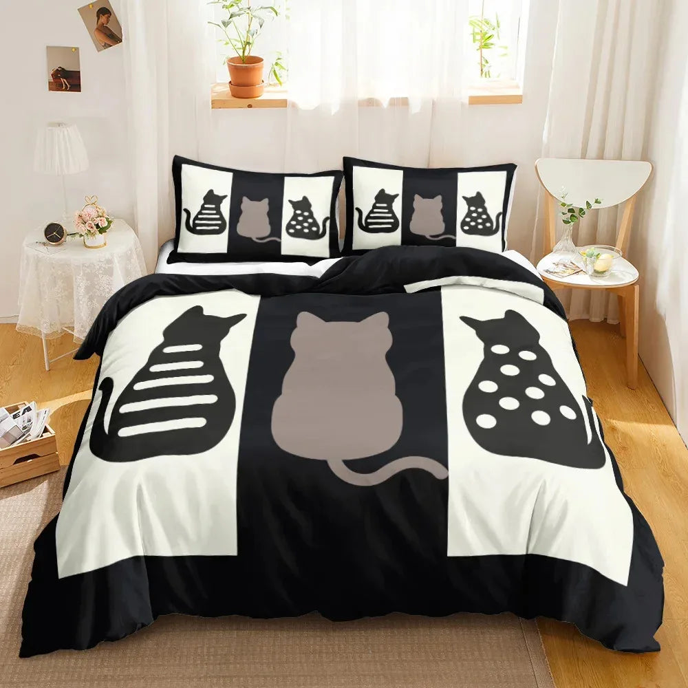 3-Piece Cute Cat Duvet Cover Set - Single-Sided Printed Cartoon Comforter Cover with Pillowcases