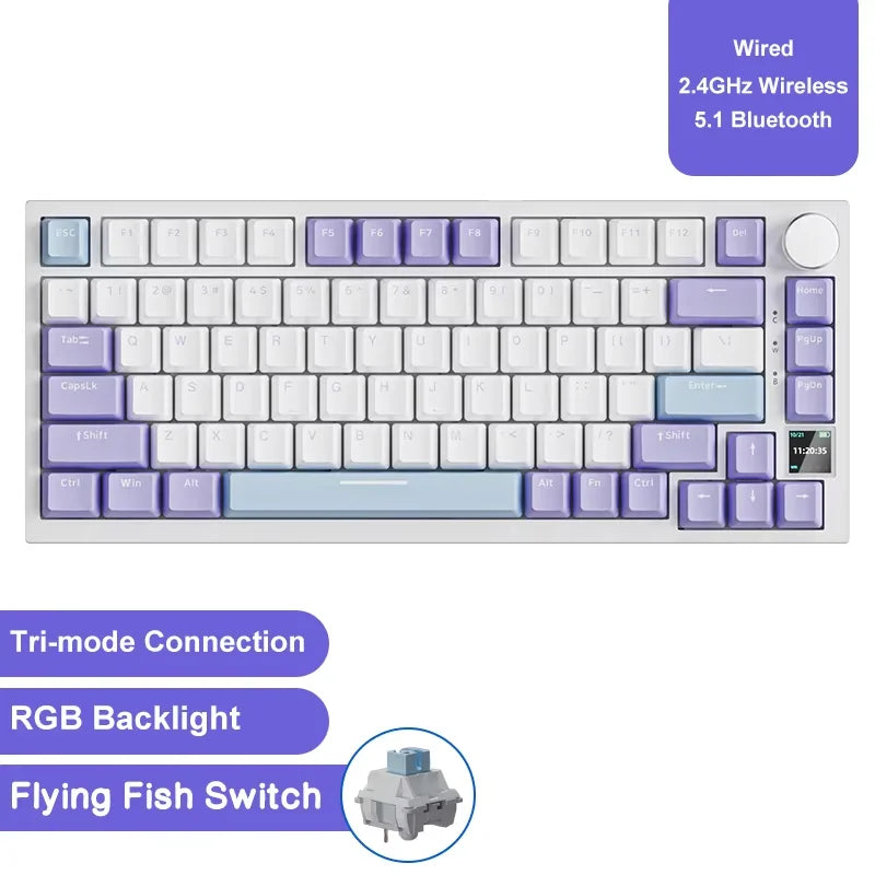 82-Key Hot-Swappable Mechanical Keyboard with Rotary Volume Knob, USB Wired & 2.4GHz Wireless, Monochrome Backlight