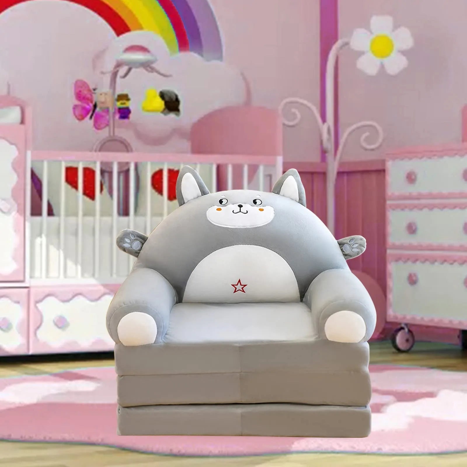 Plush Foldable Kids Sofa Bed 2-in-1 Cartoon Armchair with Removable Washable Cover
