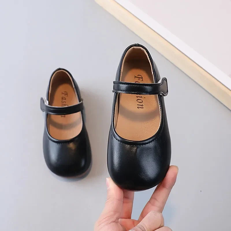 Girls Black PU Leather Mary Jane Flats — Anti-Skid School & Party Shoes (Ages 3-6)