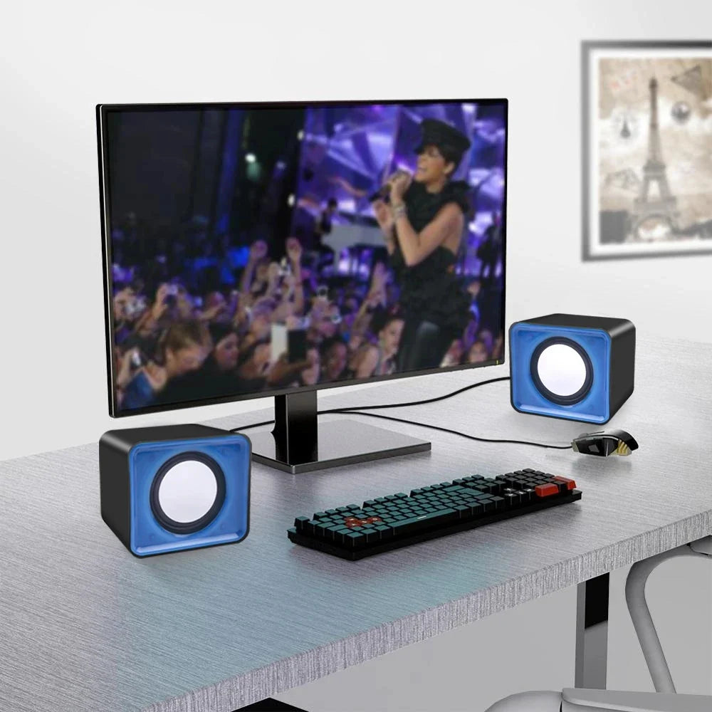 Mini USB Computer Speakers 2.0 Stereo – Portable Desktop & Laptop Speakers, 3.5mm AUX, RMS 3W x2 (Blue/Black/Red/White)