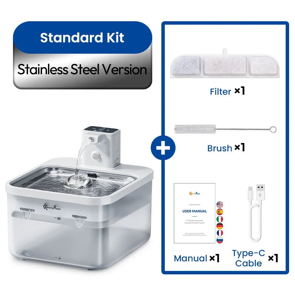 2.5L Automatic Stainless Steel Cat Water Fountain — 4000mAh Rechargeable Wireless Pet Water Dispenser with Motion Sensor