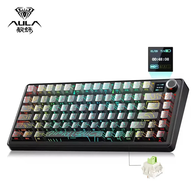 75% Hot-Swap Mechanical Gaming Keyboard – 82‑Key PBT, Wired/2.4G/Bluetooth RGB with TFT Screen