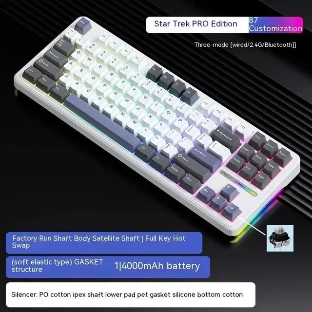 87-Key Tri-Mode Mechanical Keyboard - 2.4G USB Bluetooth, RGB PBT Keycaps, Hot-Swappable Gasket Design, 4000mAh Battery