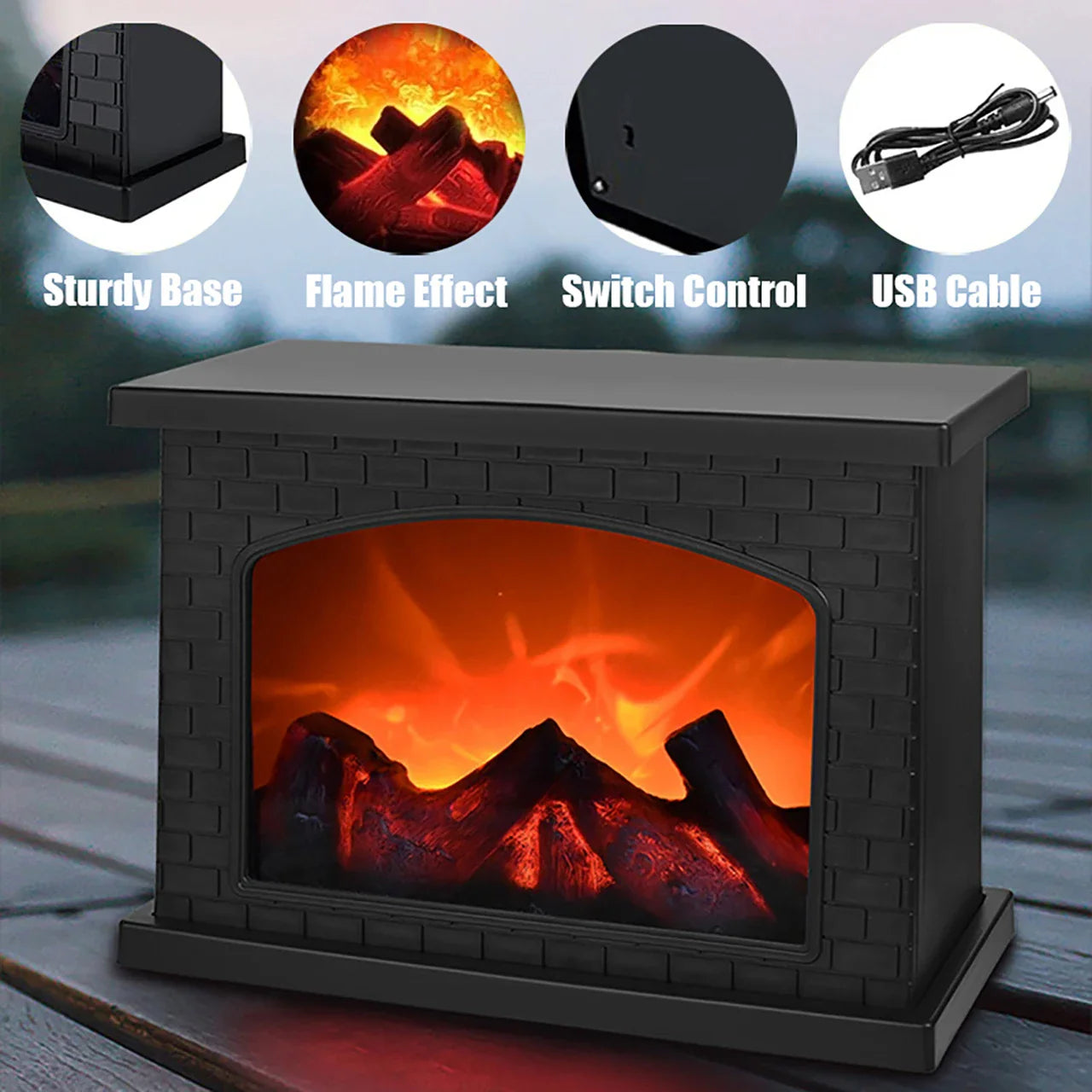 Flameless LED Fireplace Lantern Charcoal Table Lamp USB or Battery Powered Cozy Flame Light for Home Holiday Party Decor