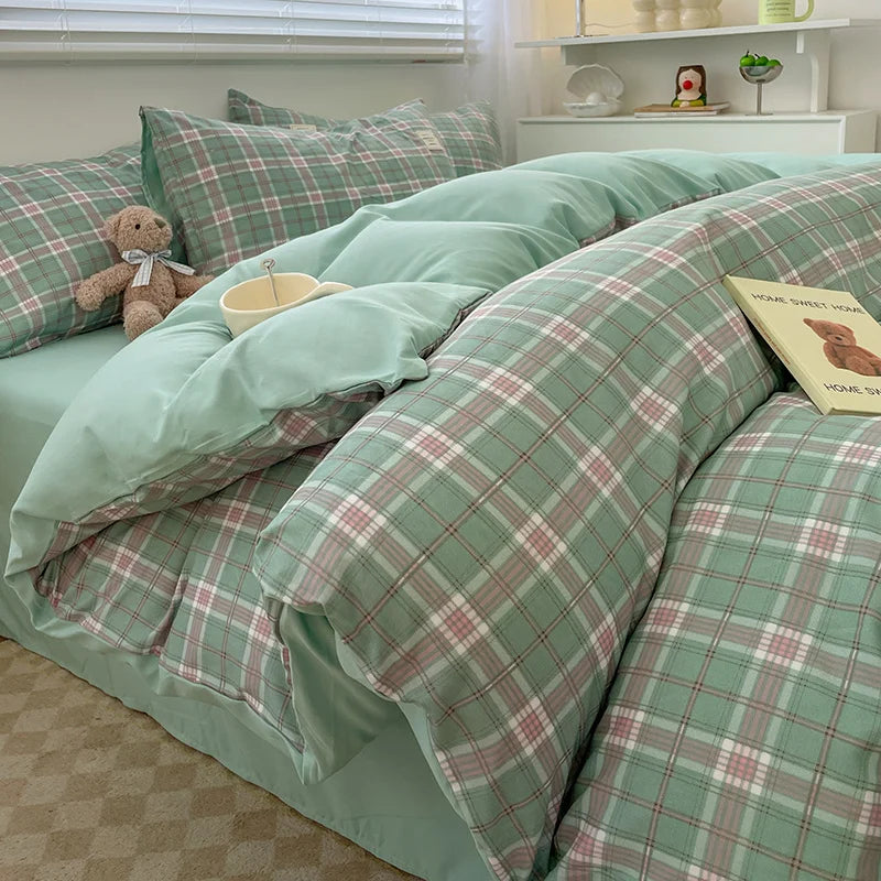 Nordic Plaid Washed Cotton Bedding Set - Duvet Cover + Pillowcases & Flat Sheet - Twin/Full/Queen/King