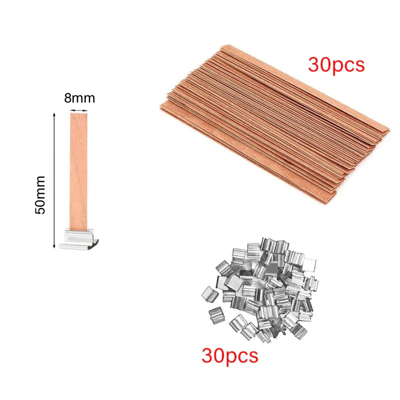 30/50-Pack Cherry Wood Candle Wicks with Metal Clip Bases – Smokeless Wooden Wicks for DIY Jar Candles