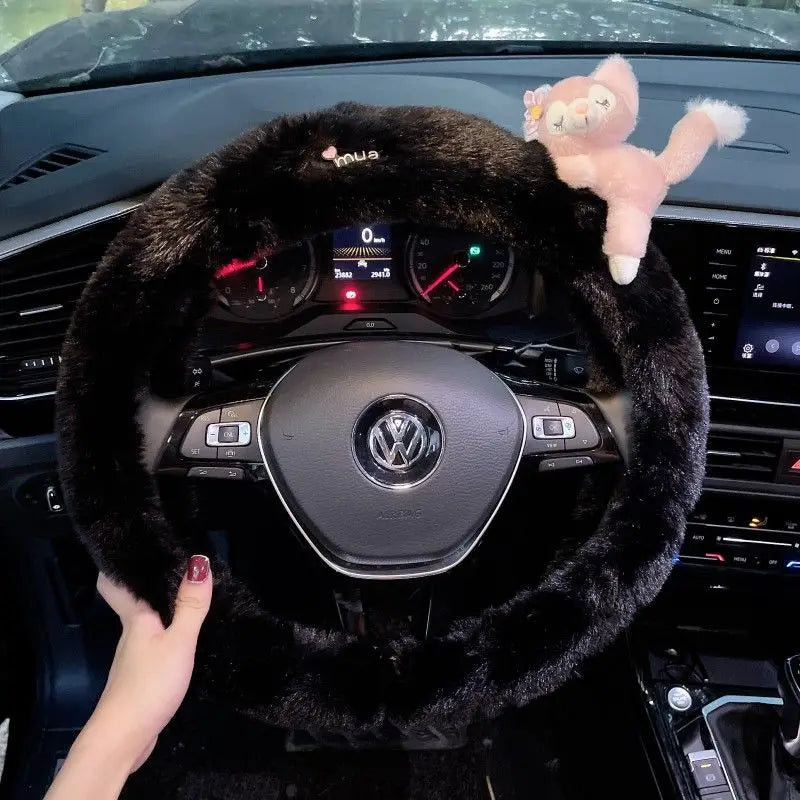 Cute Cartoon Fur Steering Wheel Cover Winter Warm Car Handle Cover for Women