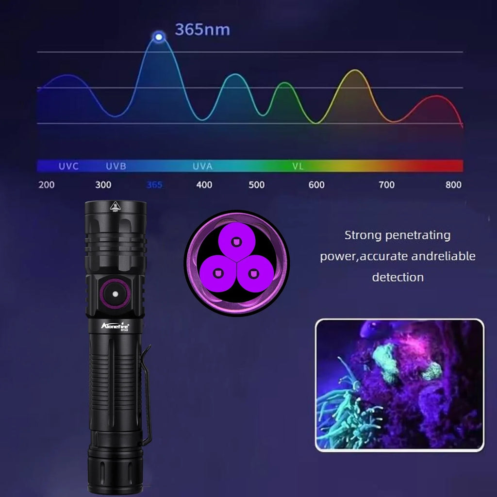 3-LED 365nm UV Blacklight Flashlight USB-C Rechargeable – Pet Stain & Scorpion Detector, UV Glue Curing Torch