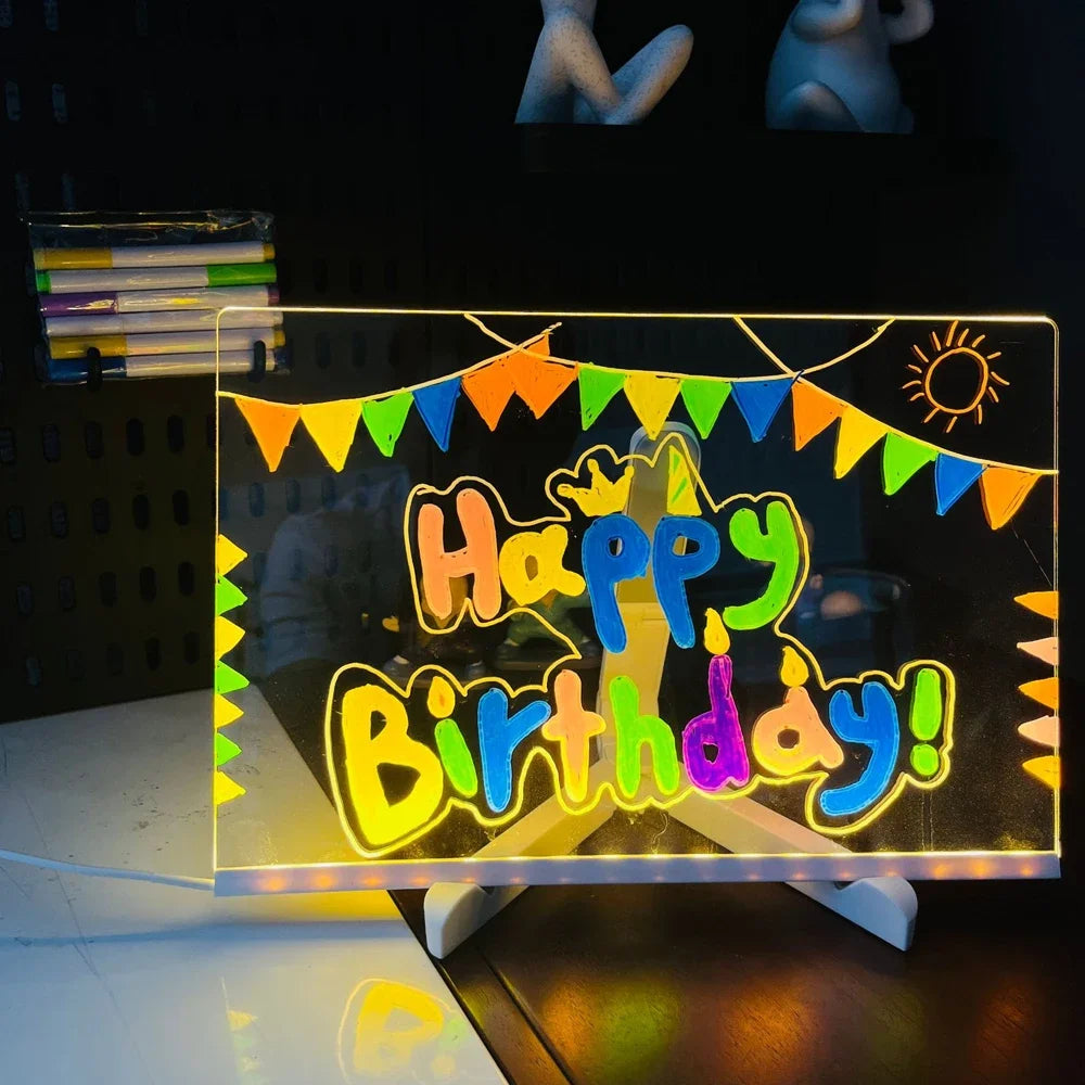 LED Acrylic Message Board Night Light with 7 Color Pens - Erasable DIY Neon Note and Drawing Board for Kids