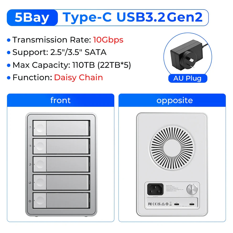 5-Bay 10Gbps SATA HDD & SSD Docking Station, 2.5"/3.5" USB 3.2 Gen2 Type-C Enclosure with Daisy Chain & 150W Power