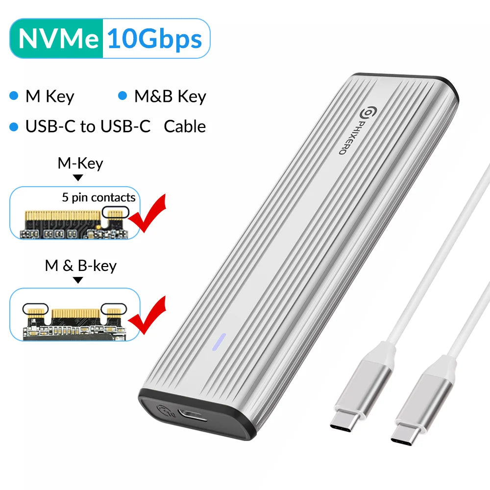 M.2 NVMe & SATA SSD Enclosure USB-C 10Gbps (USB 3.1 Gen2) Tool-Free Aluminum Case — Supports 2230/2242/2260/2280