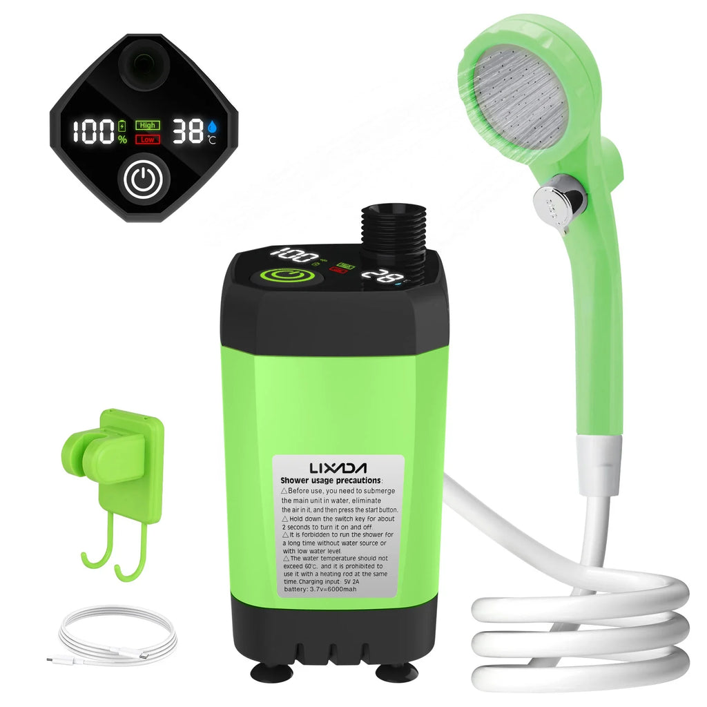 6000mAh Portable Camping Shower Pump with Full Screen Digital Display — RV Outdoor Shower Kit