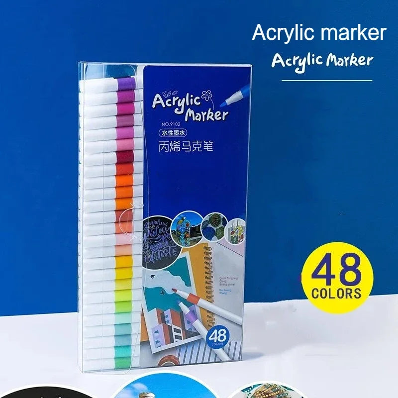 Acrylic Paint Marker Pens – 12/24/36/48/60 Color Sets in PVC Case | Quick-Dry Waterproof Soft Tip for Fabric, Ceramic, Glass, Wood, Stone