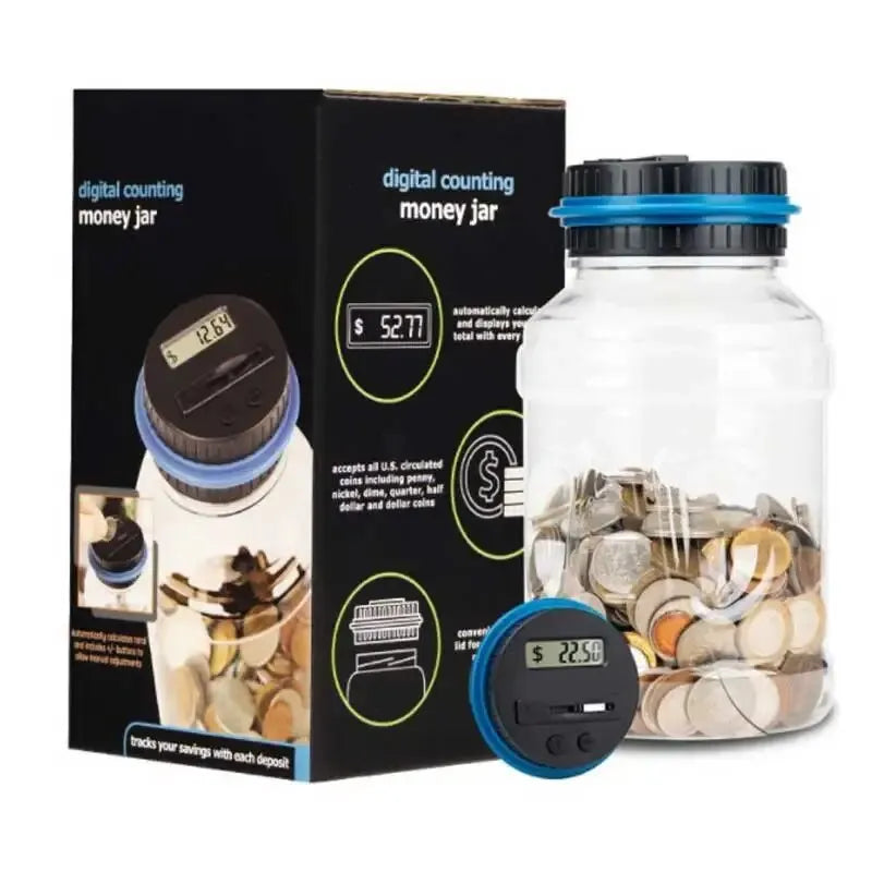 1.8L (61 fl oz) Transparent Coin Bank with Smart Coin Counter – Large Capacity Money Jar for USD EUR GBP