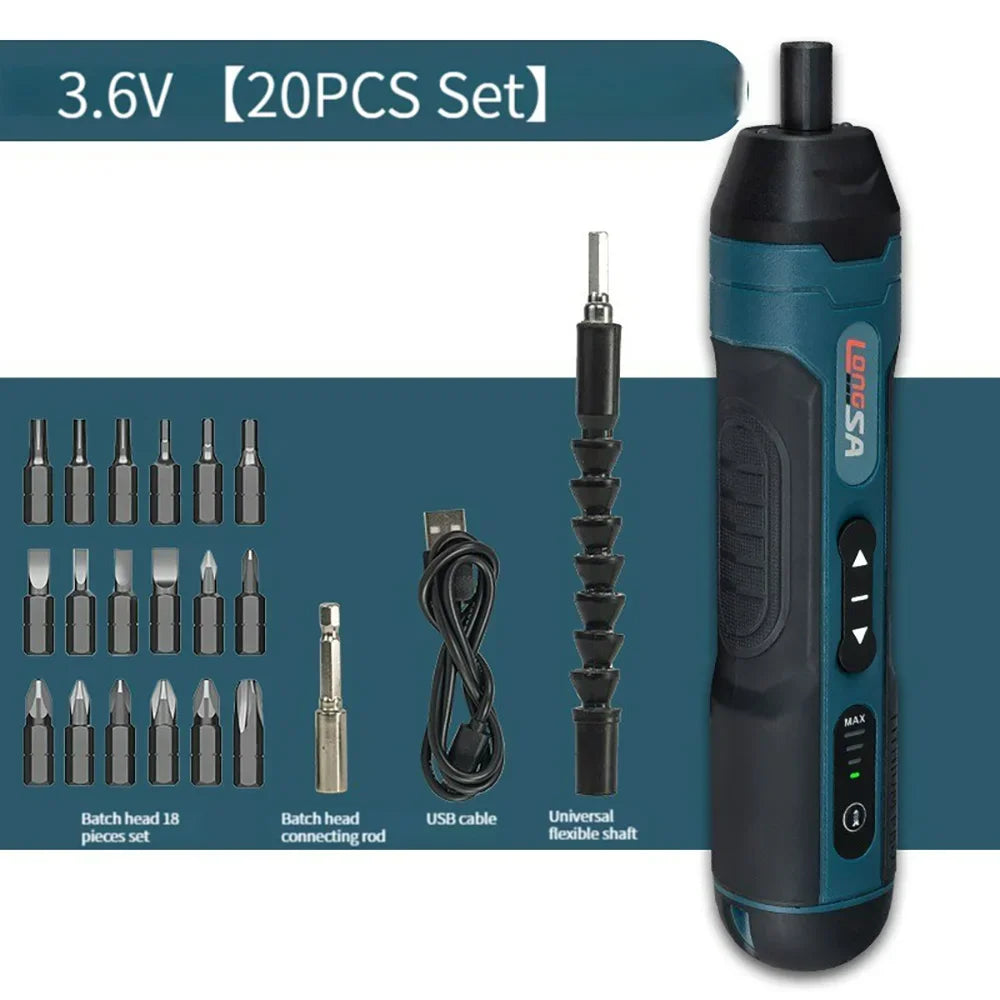 3.6V Mini Cordless Electric Screwdriver — Torque Adjustable Straight Handle, 6.35mm (1/4") Hex Chuck, 1300mAh Lithium Battery