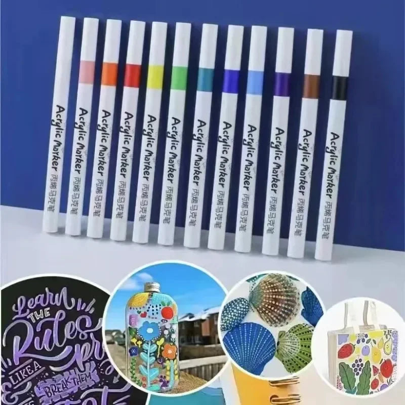 Acrylic Paint Marker Pens – 12/24/36/48/60 Color Sets in PVC Case | Quick-Dry Waterproof Soft Tip for Fabric, Ceramic, Glass, Wood, Stone
