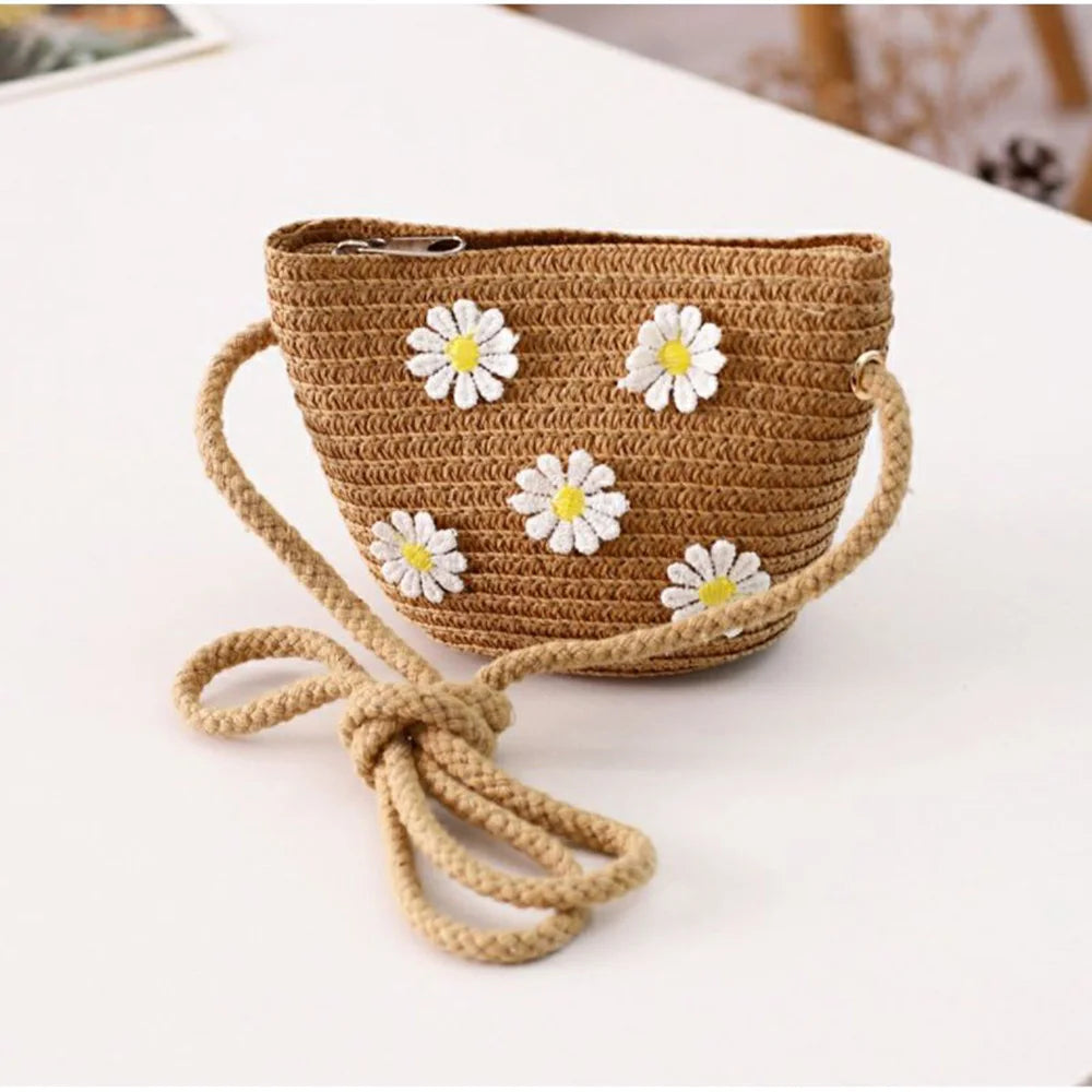Kids Mini Woven Natural Straw Crossbody Bag for Girls Cute Shoulder Purse
