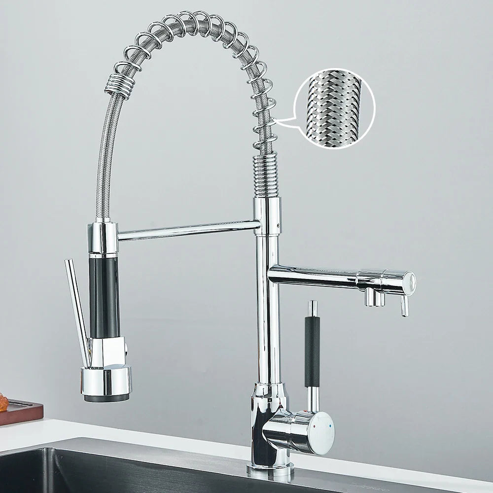 Pull-Down Spring Kitchen Faucet Single Lever Mixer Retractable Dual Spout Hot & Cold Stainless Steel