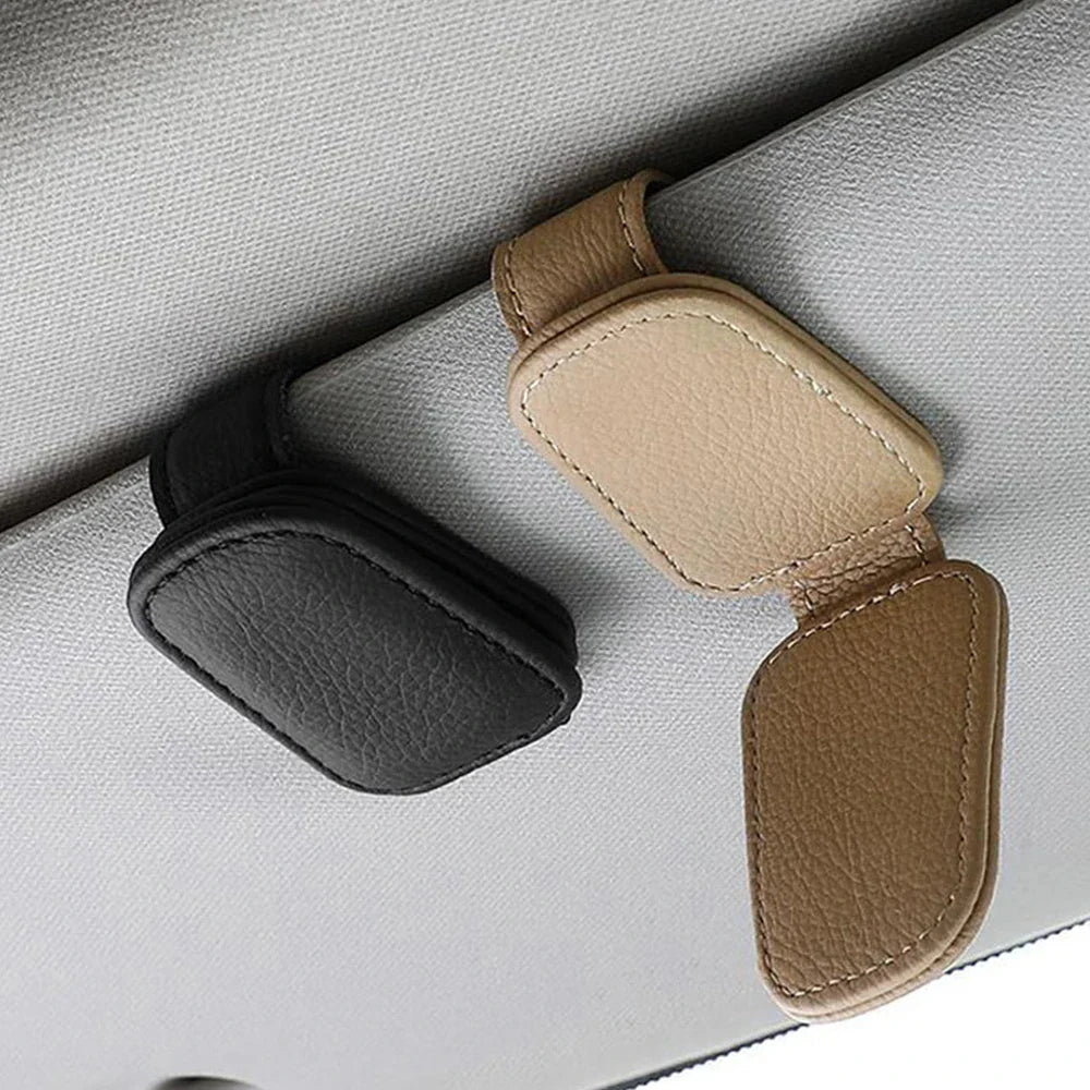 Universal Magnetic Car Sunglasses Holder – Foldable Leather Sun Visor Glasses & Card Ticket Clip