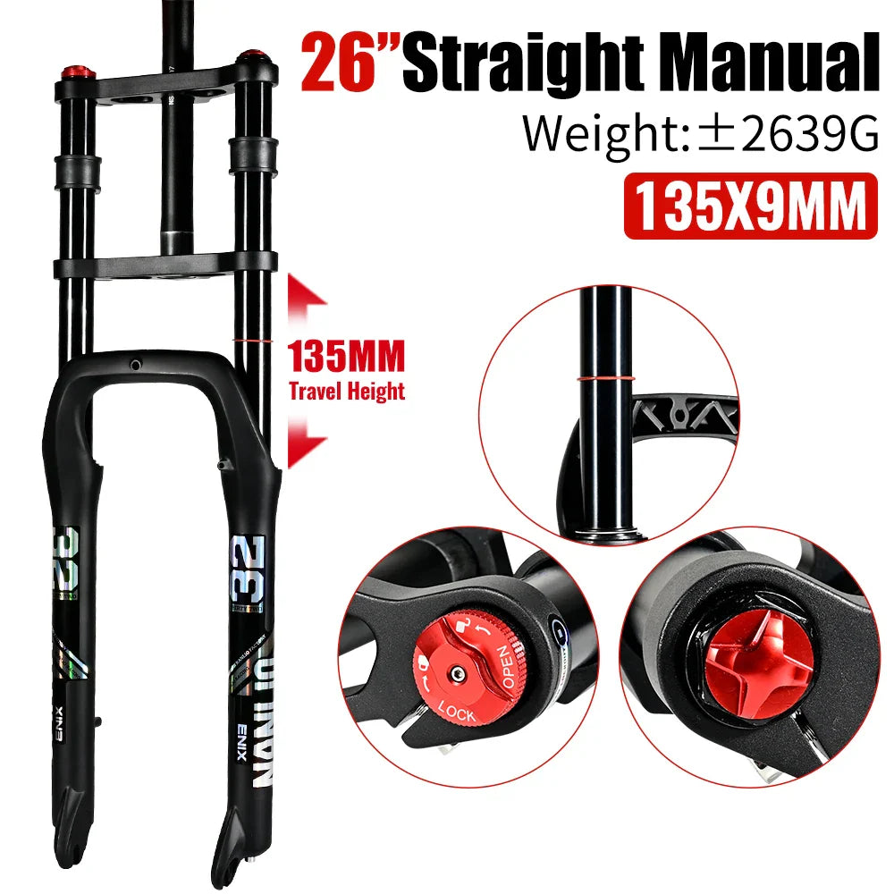 E-Bike Snow Front Suspension Fork 20x4.0 / 26x4.0 in | 135mm Dropout | Air + Oil MTB Fork, 330mm Travel