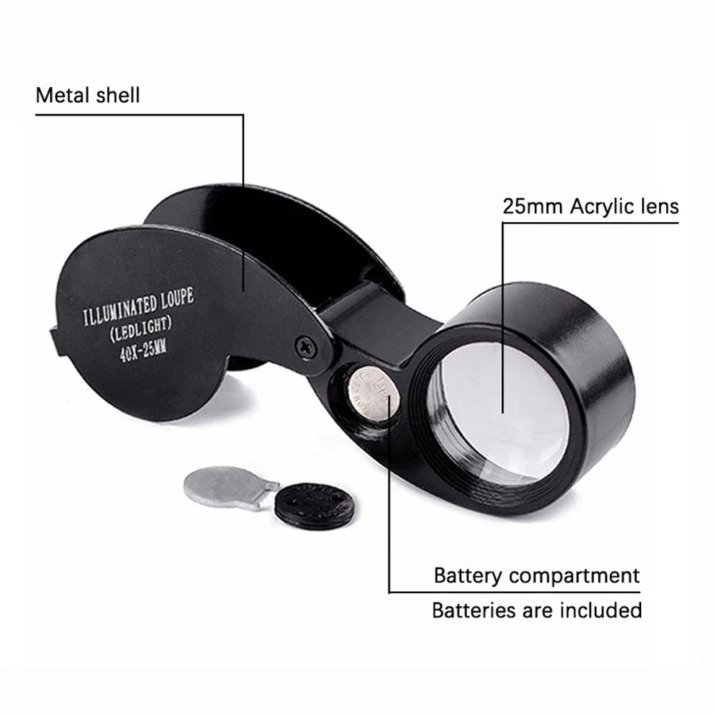 40X Jeweler's Loupe Pocket Folding Magnifier with LED Light for Watches, Coins, Stamps, Gems