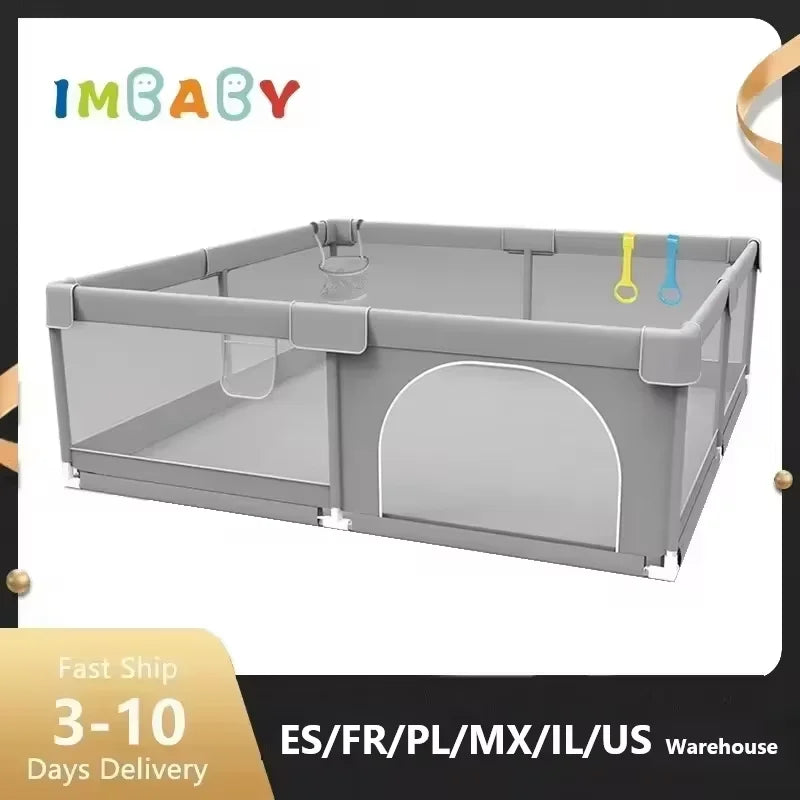 Light Gray Baby Playpen with Pull Ring - Play Yard & Ball Pit Safety Fence for Toddlers