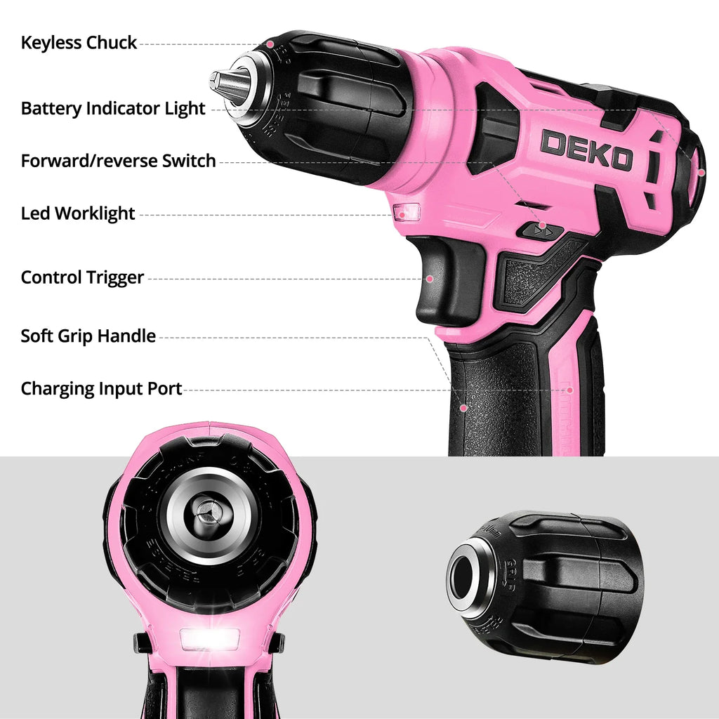 126-Piece Cordless Power Tool Combo Kit — 8V Drill with 10mm (3/8 in) Keyless Chuck, Home DIY Hand Tool Set (Pink/Yellow)