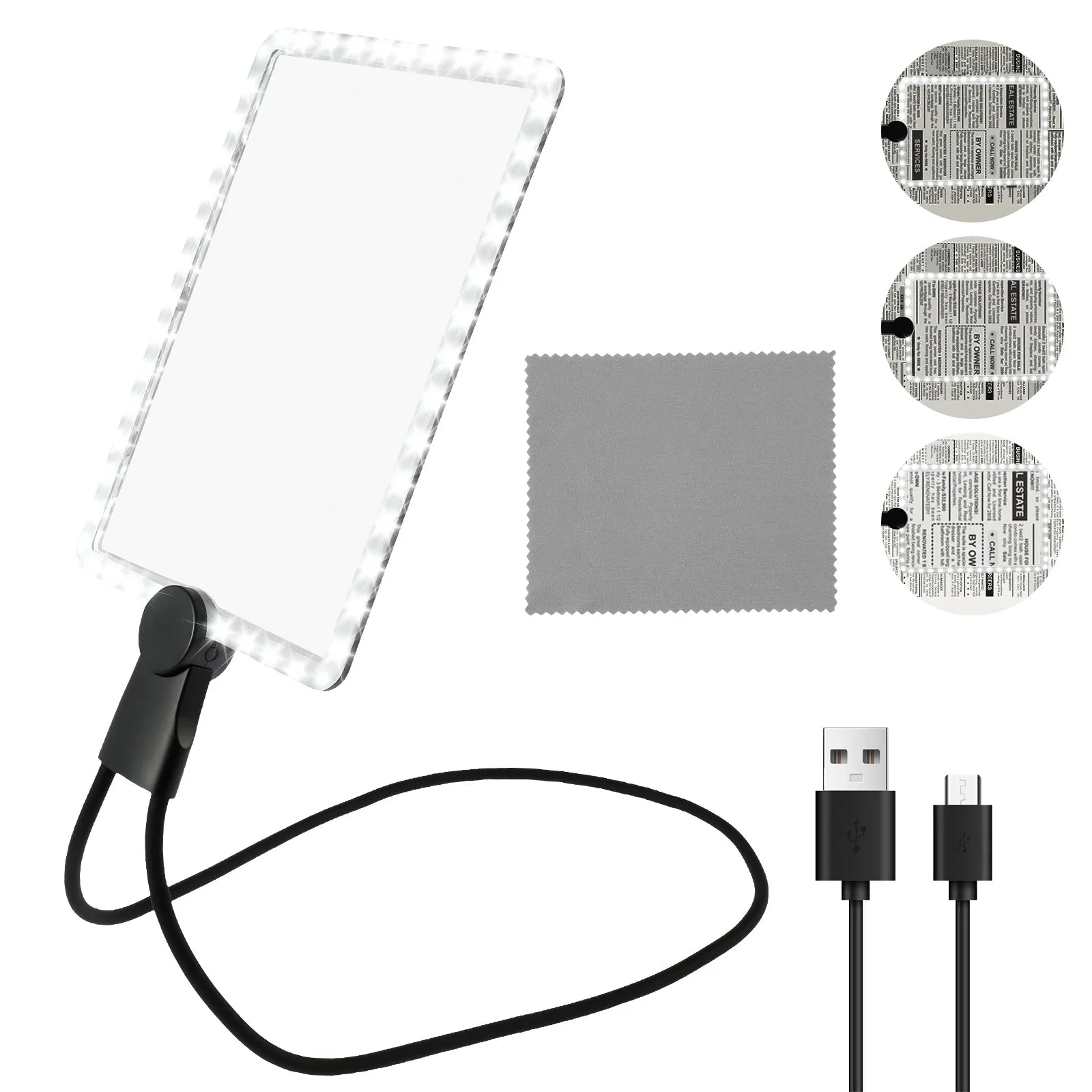 5X Hands-Free Neck Magnifier with LED Light — 9.4×6.5 in (240×170 mm) Large Reading Lens, Dimmable & Rechargeable, 3-in-1 Neck/Handheld/Stand